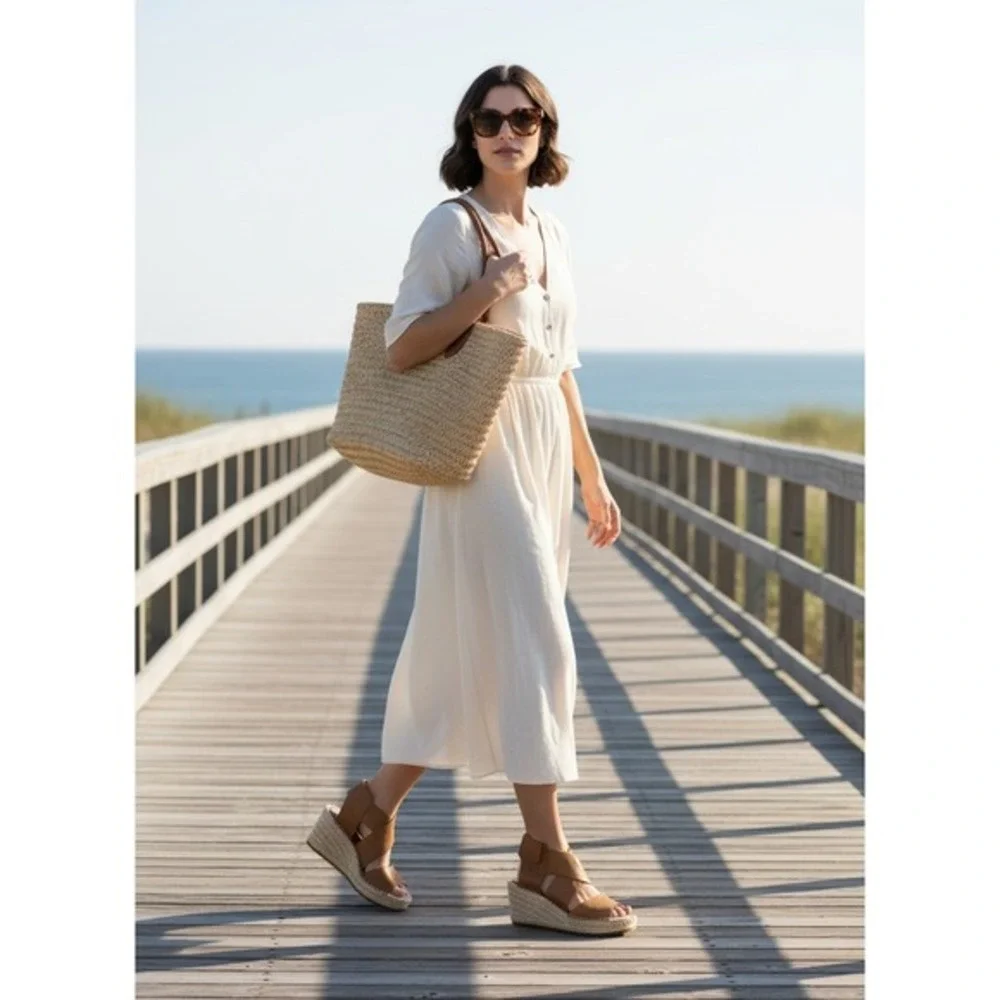 Eileen Fisher‎ Willow Espadrille Wedge Sandal Womens 9 Tan Tumbled Leather